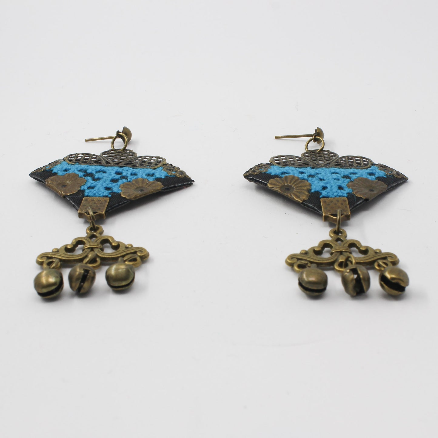Handmade Balochi embroidered earrings, gold, blue