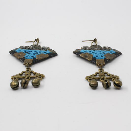 Handmade Balochi embroidered earrings, gold, blue