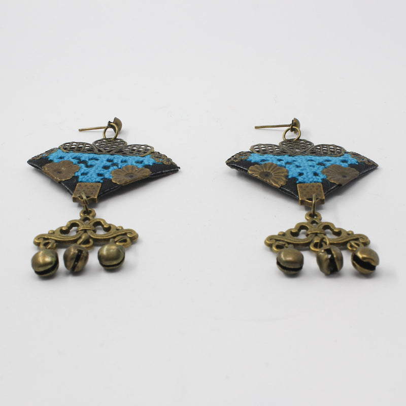 Handmade Balochi embroidered earrings, gold, blue