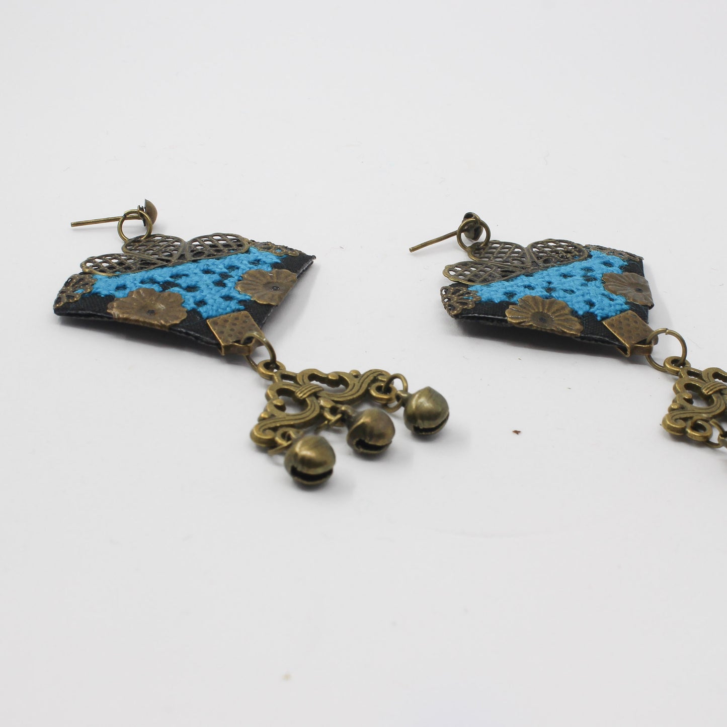Handmade Balochi embroidered earrings, gold, blue