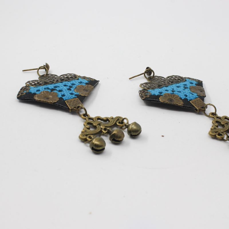 Handmade Balochi embroidered earrings, gold, blue — detail