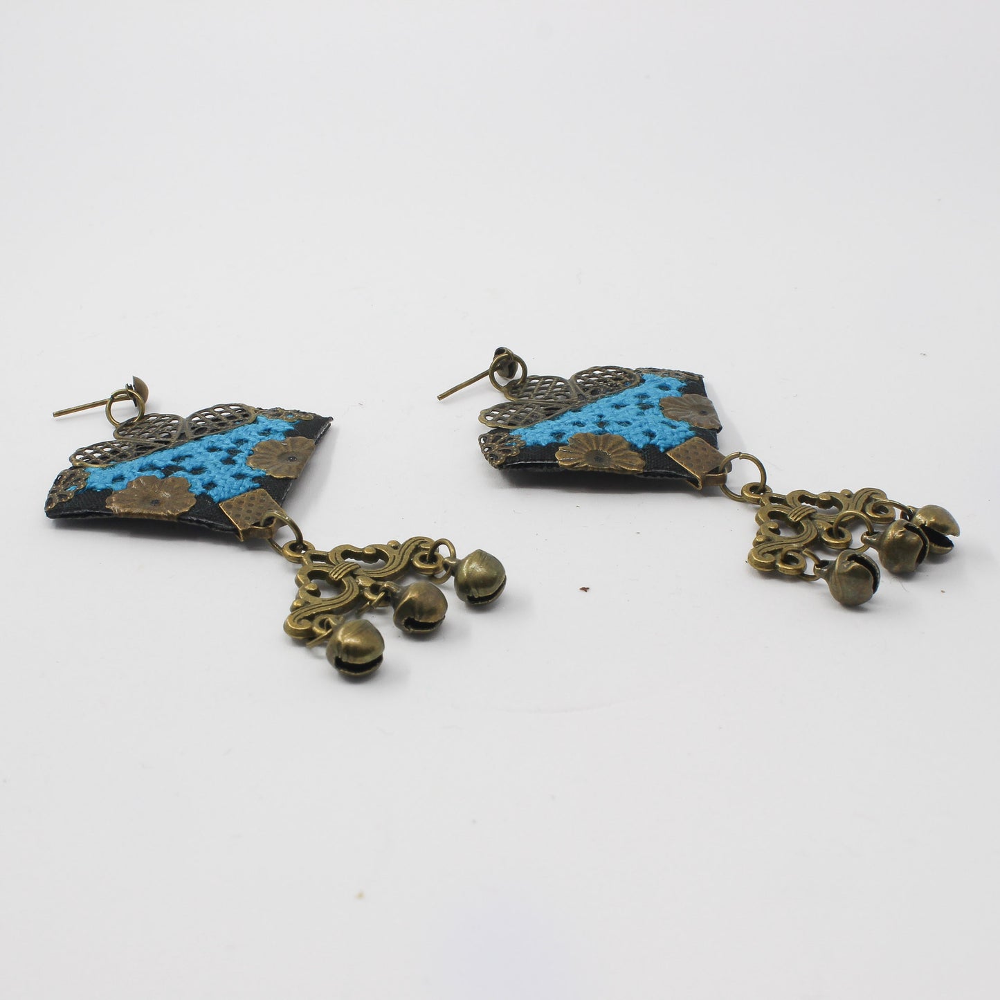 Handmade Balochi embroidered earrings, gold, blue