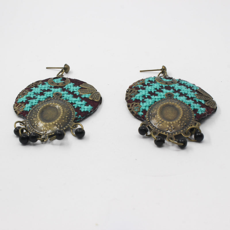 Handcrafted Balochi Embroidery Drop Earrings – Turquoise & Gold — detail