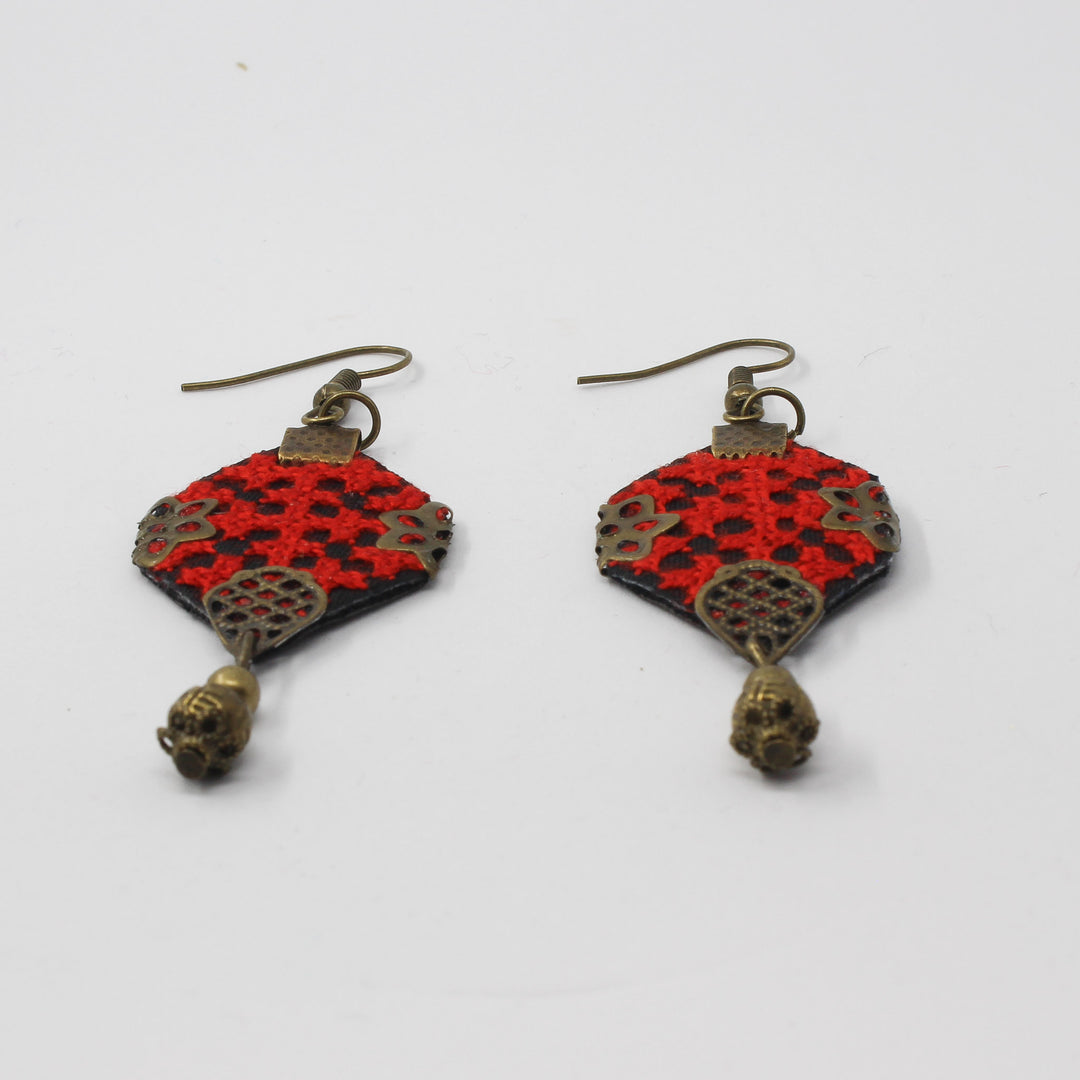 Handmade Balochi embroidered earrings and bracelet, red, gold