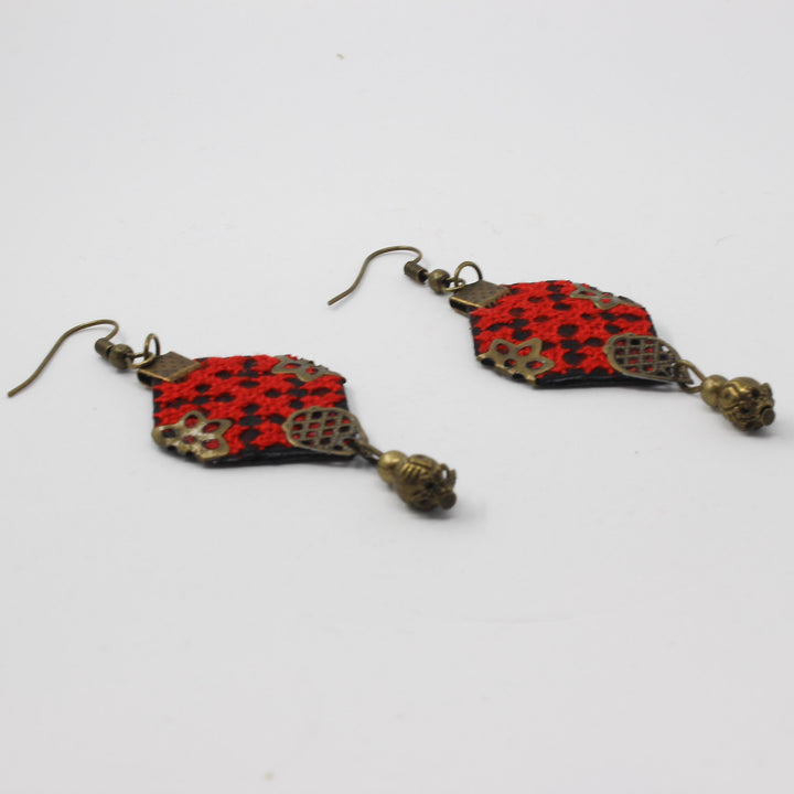 Handmade Balochi embroidered earrings and bracelet, red, gold