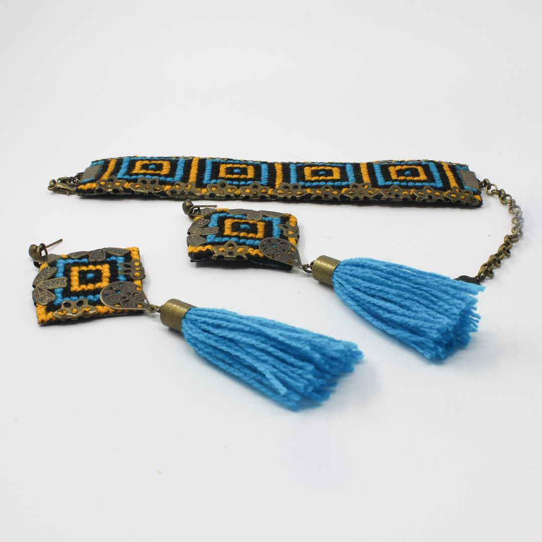 Handmade Balochi embroidered earrings and bracelet, yellow, blue