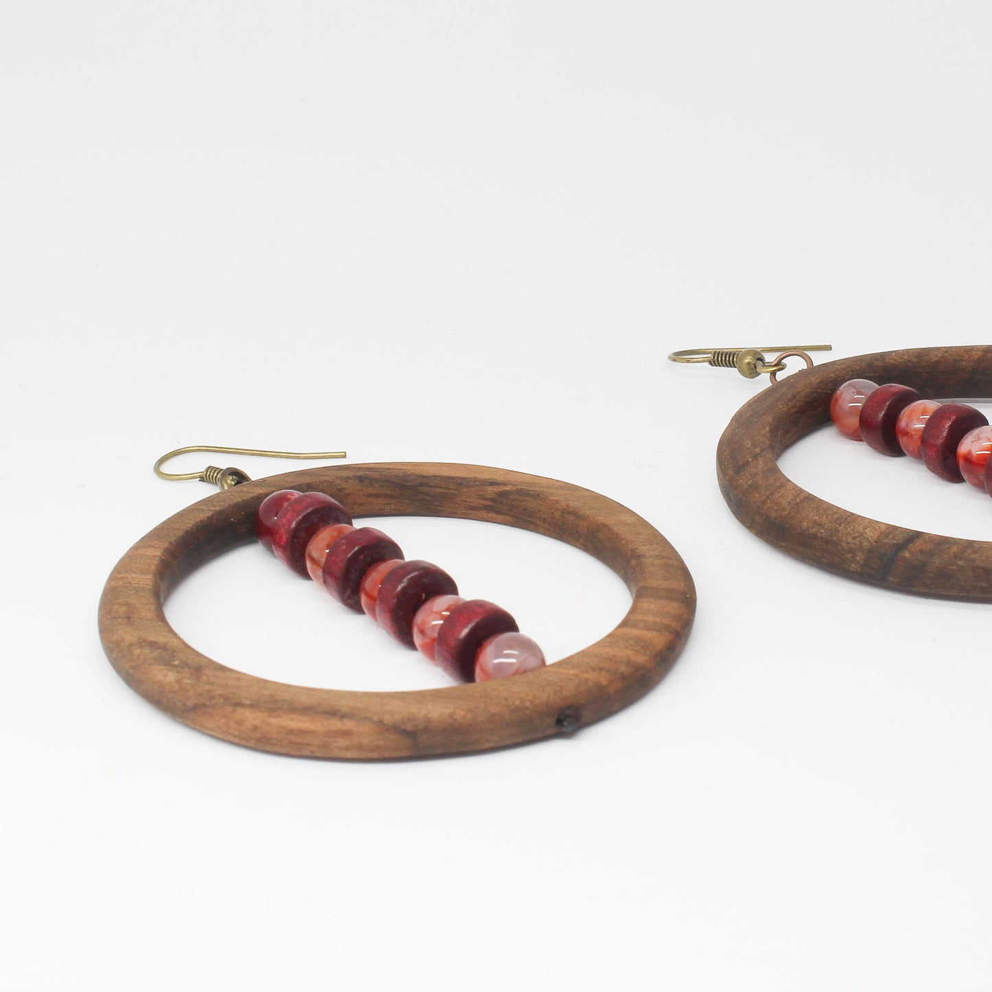 Handmade wooden circle earrings, brown, burgundy