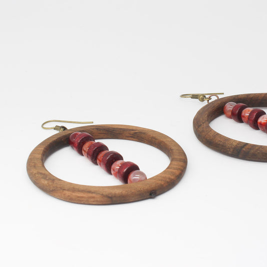Handmade wooden circle earrings, brown, burgundy