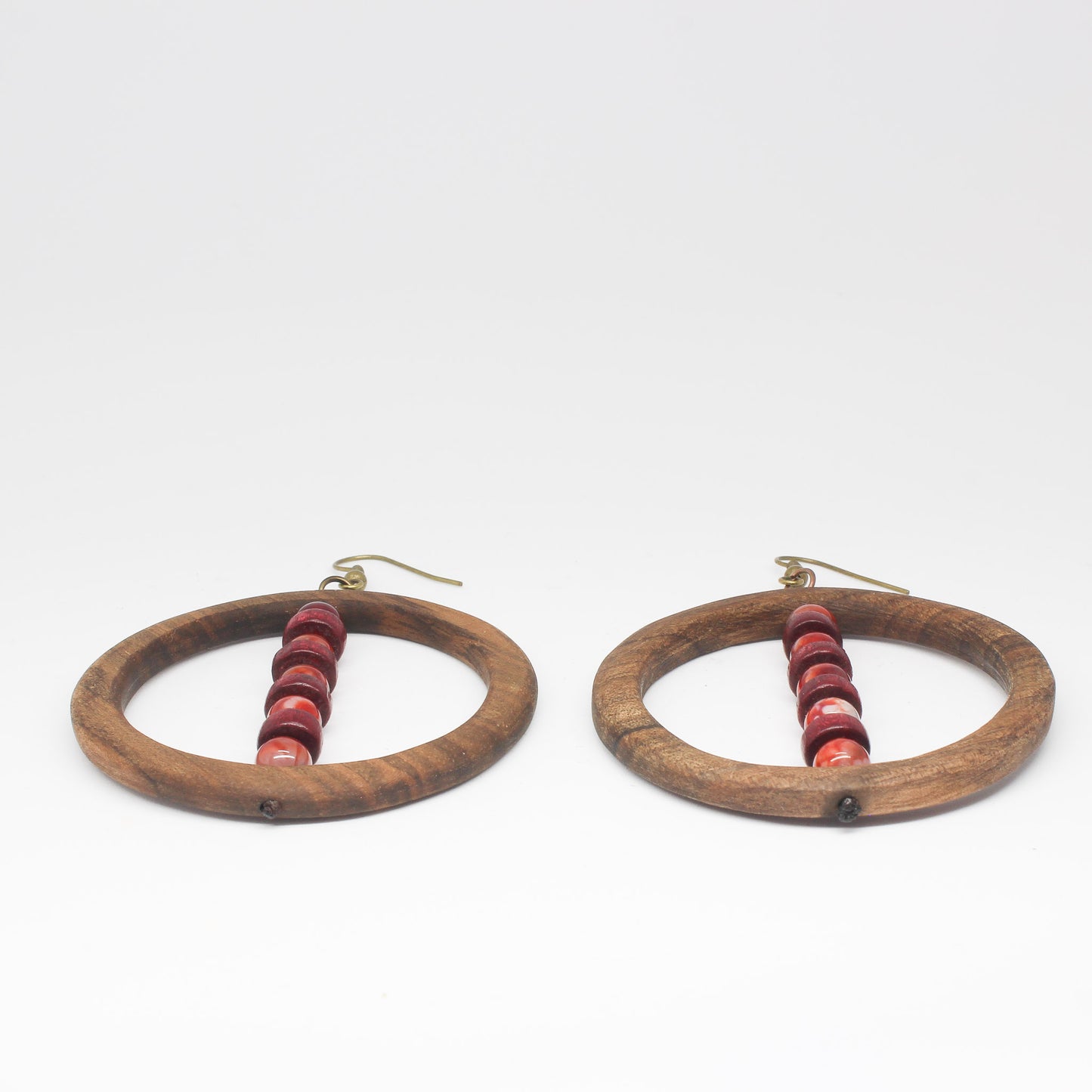 Handmade wooden circle earrings, brown, burgundy