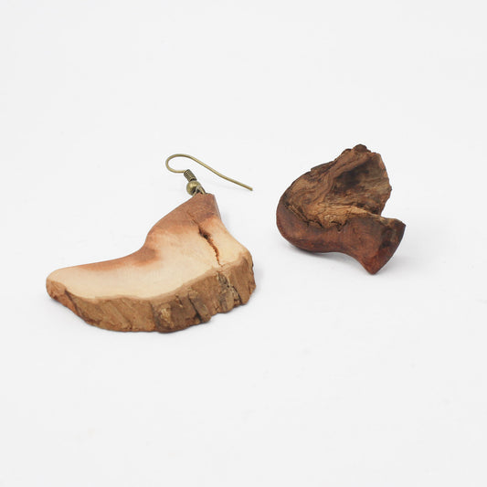Handmade natural shape wooden earrings, brown