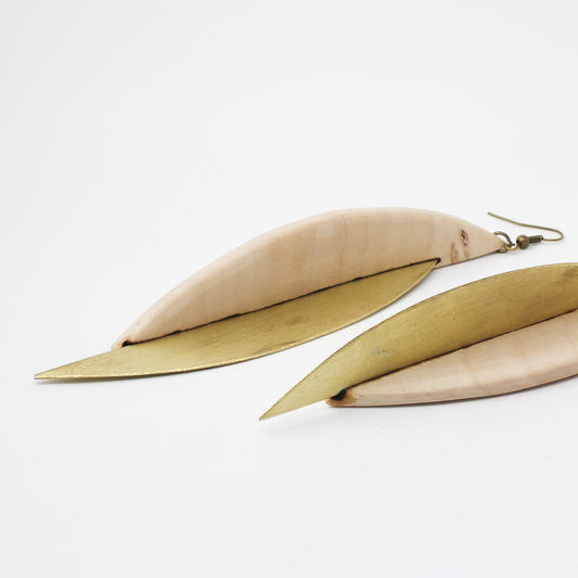 Handmade brass wooden earrings, cream, gold