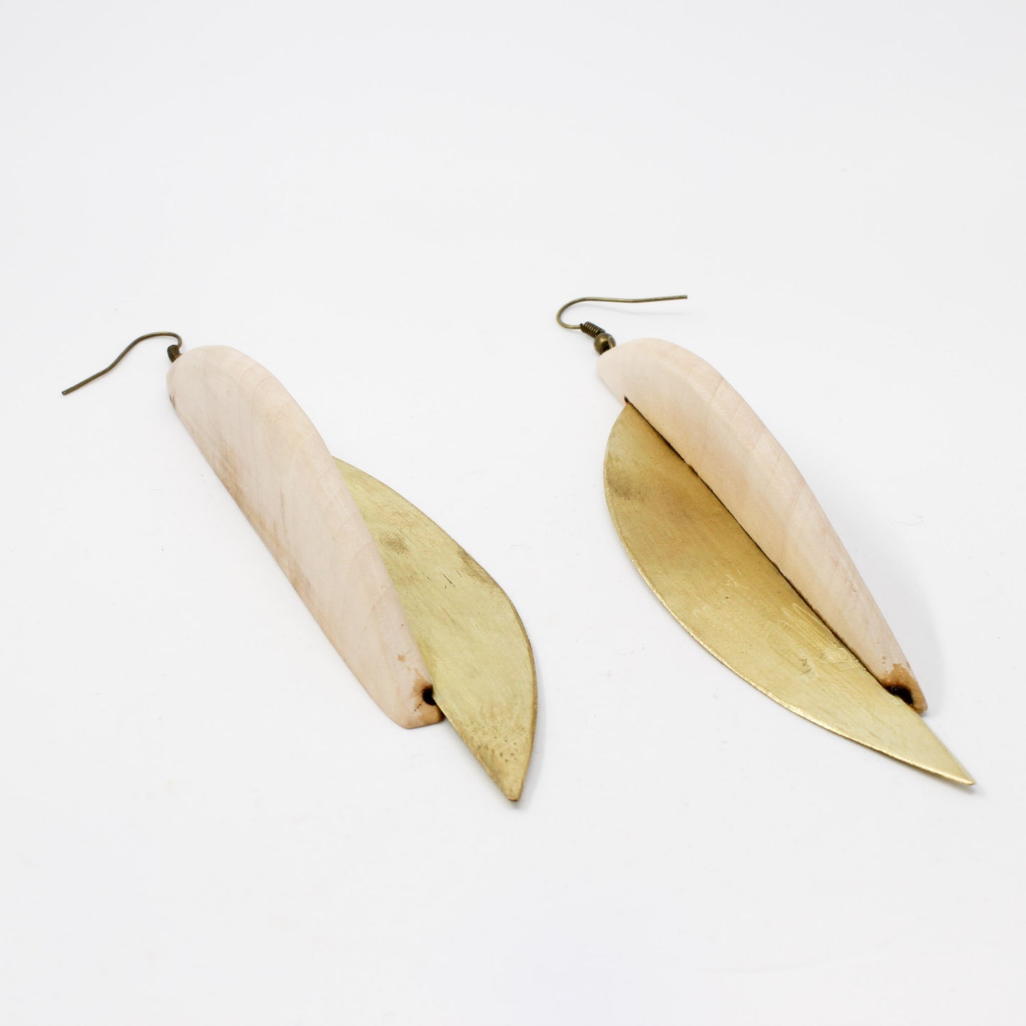 Handmade brass wooden earrings, cream, gold