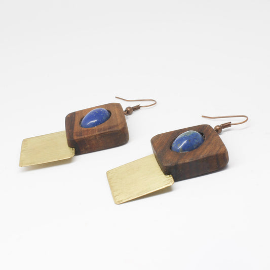 Handmade brass wooden earrings, brown, gold, blue stone
