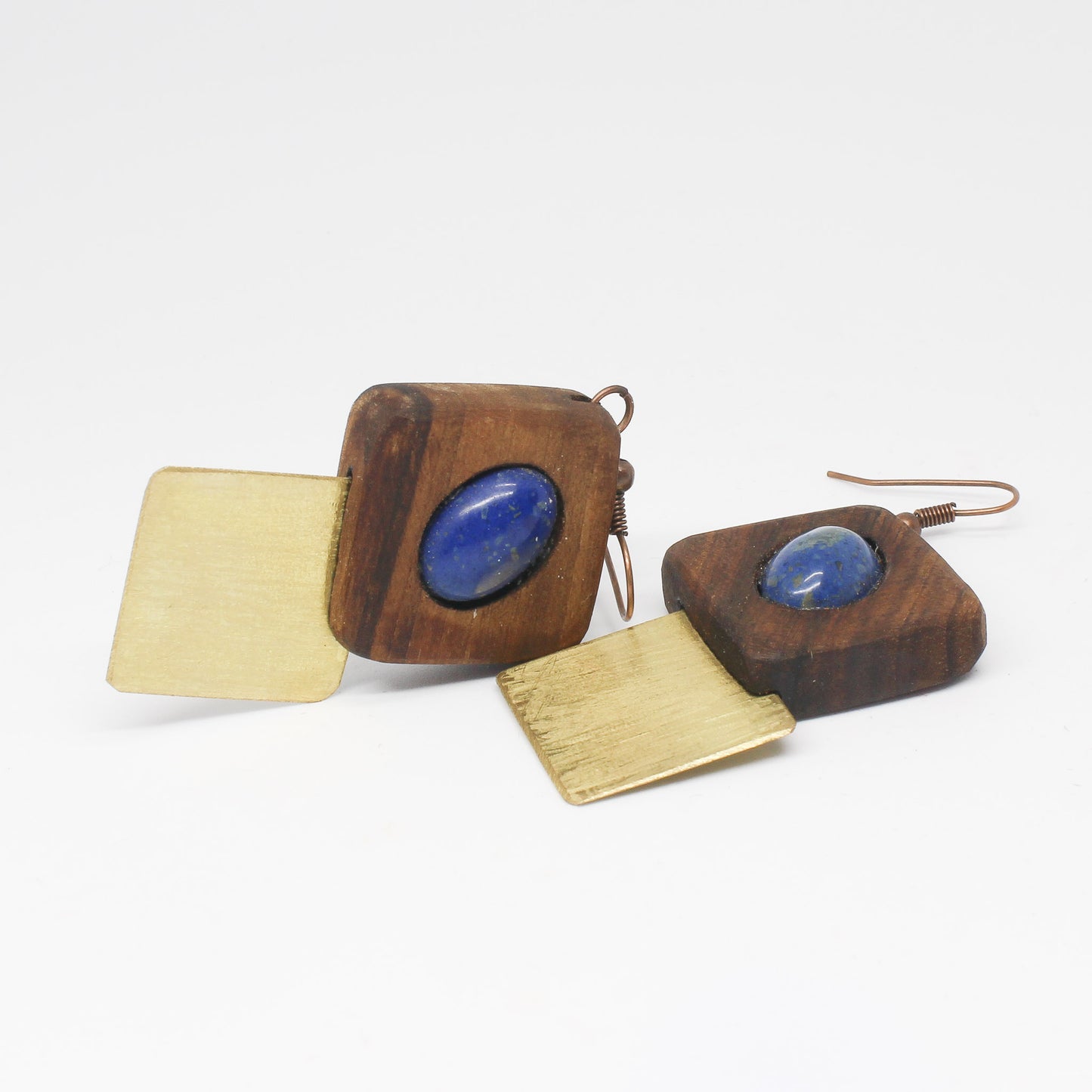 Handmade brass wooden earrings, brown, gold, blue stone