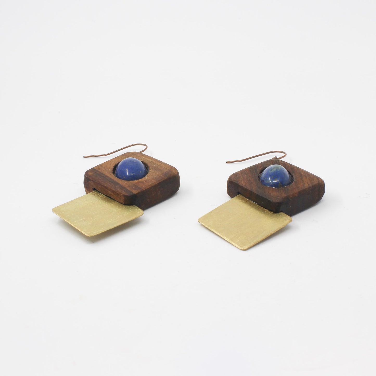 Handmade brass wooden earrings, brown, gold, blue stone