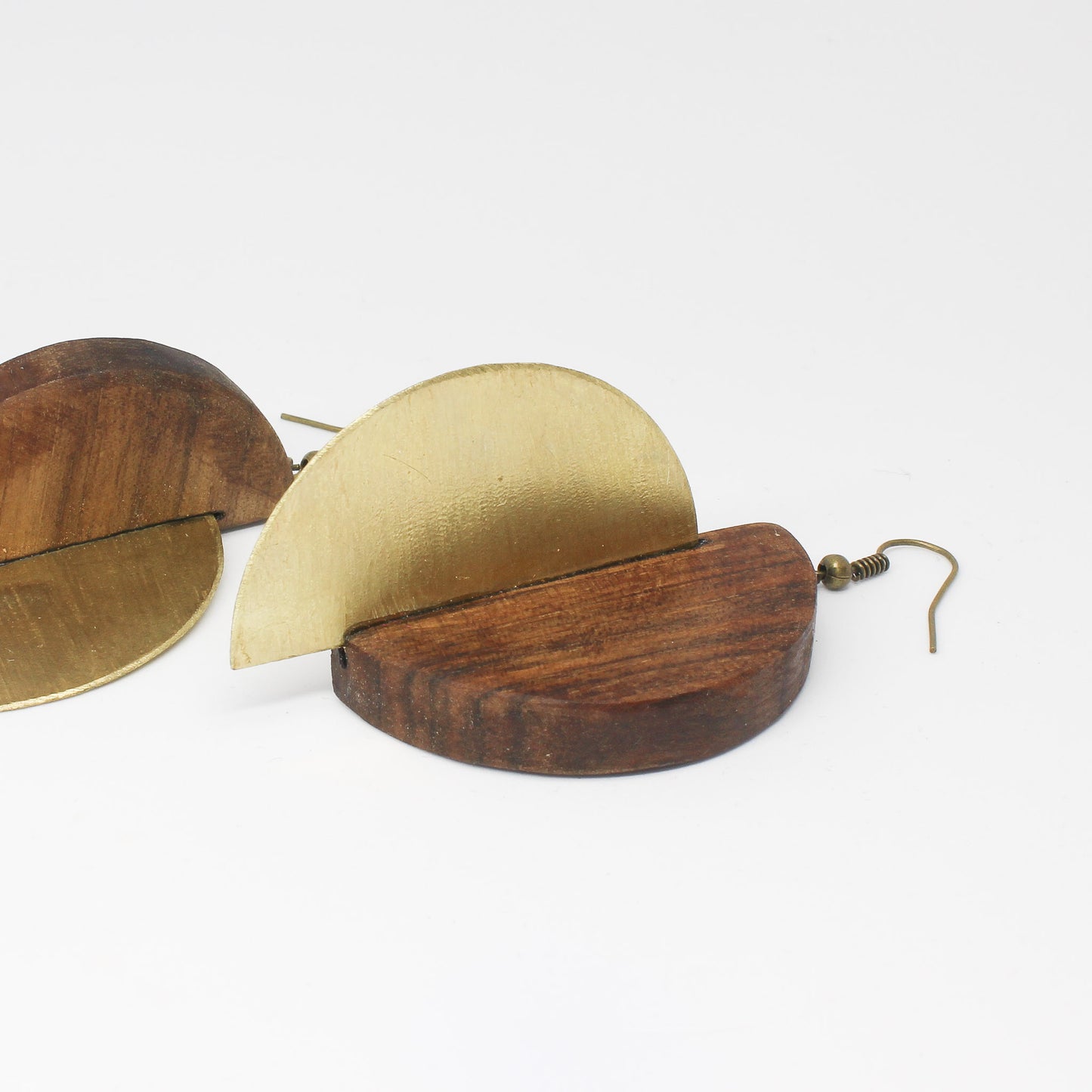 Handmade brass wooden earrings, brown, gold