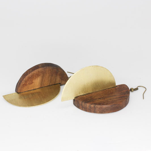 Handmade brass wooden earrings, brown, gold