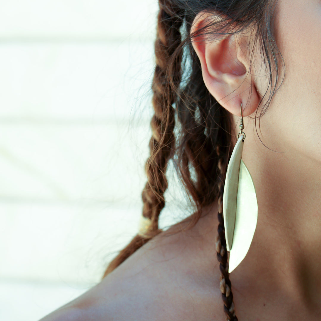 Walnut Wood &amp; Brass Earrings — Cream &amp; Gold | Choopi Design