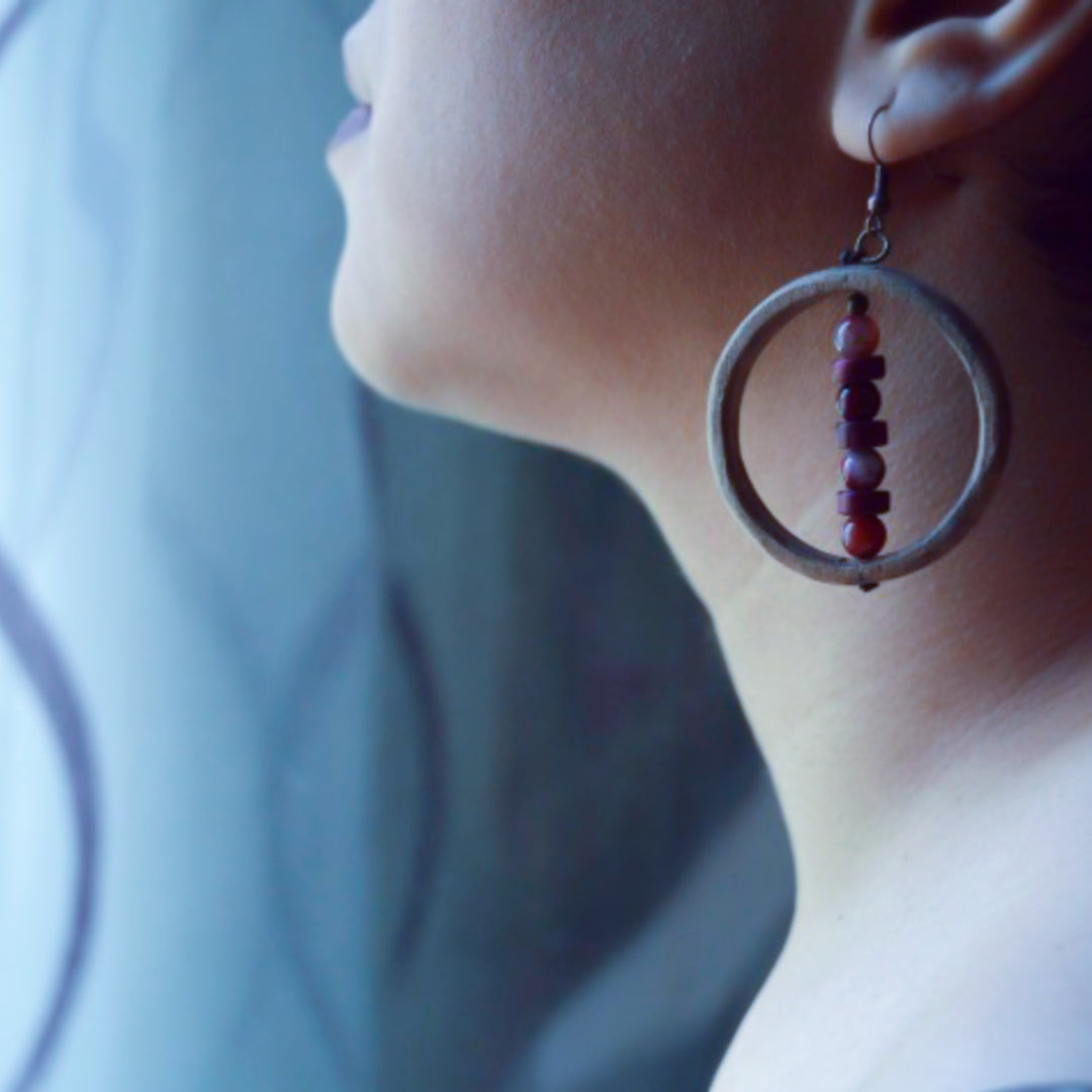Walnut Wood Circle Earrings — Brown &amp; Burgundy | Choopi Design