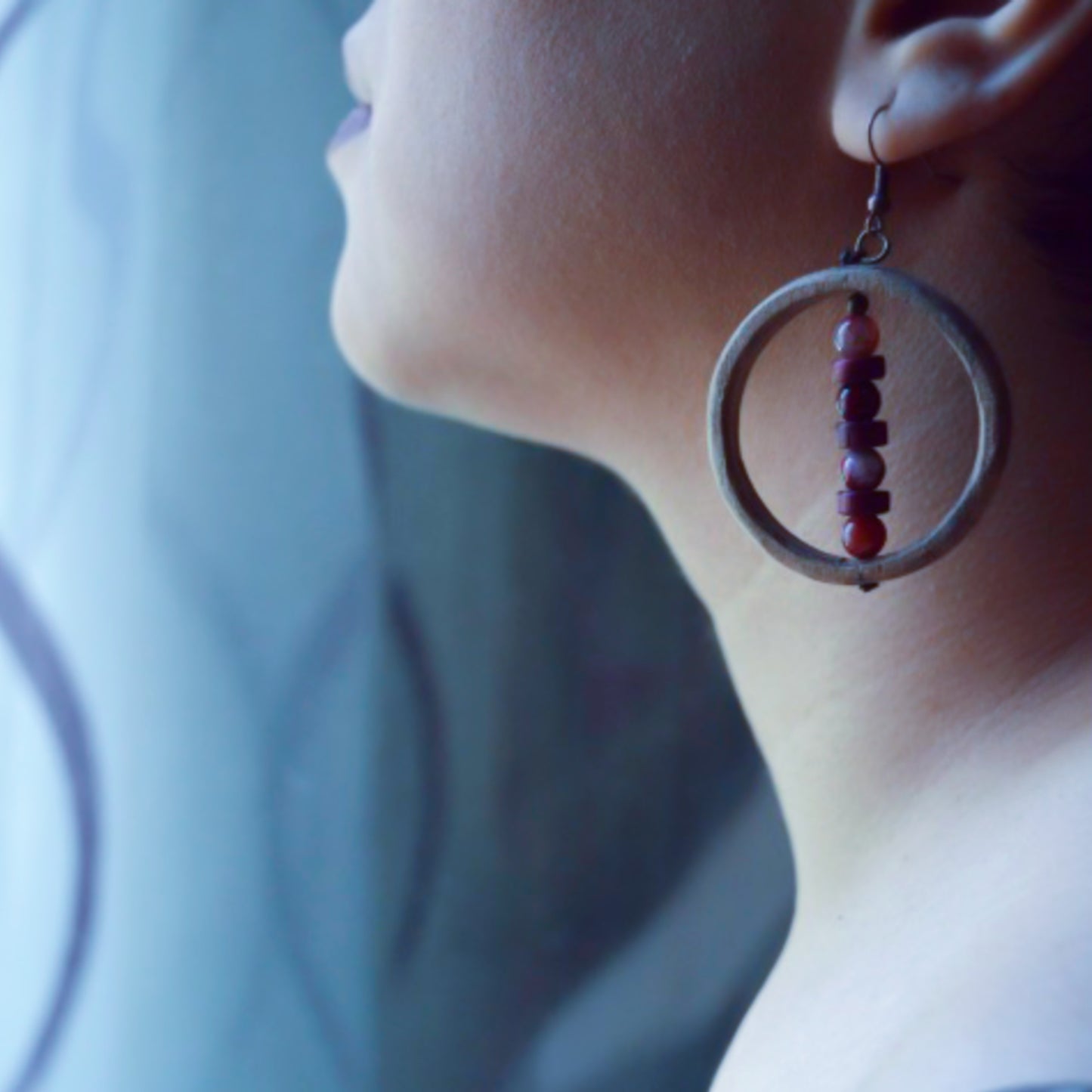 Handmade wooden circle earrings, brown, burgundy