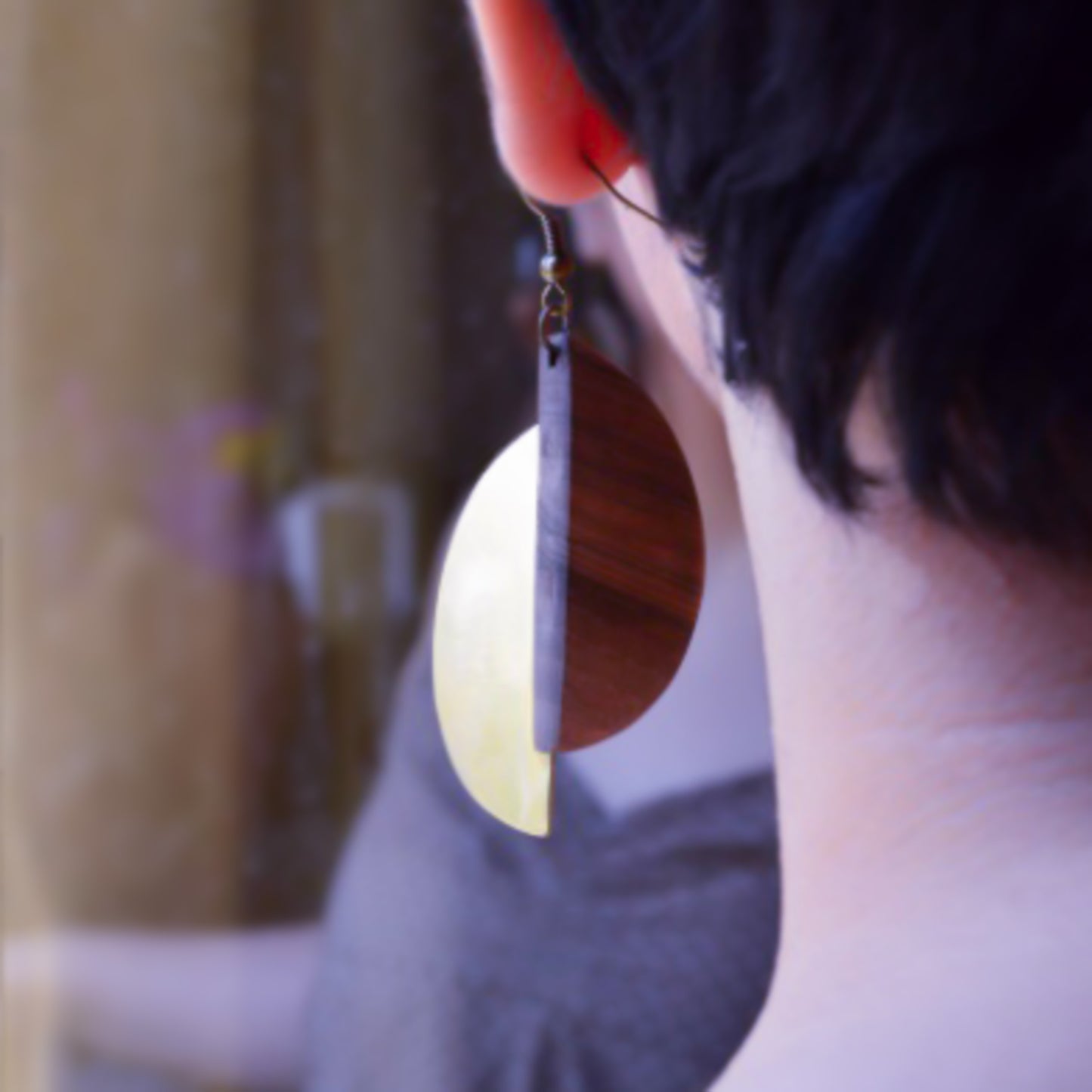 Handmade brass wooden earrings, brown, gold