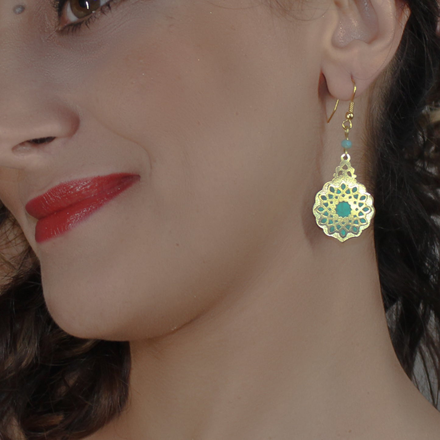 Handmade brass earrings, gold, green