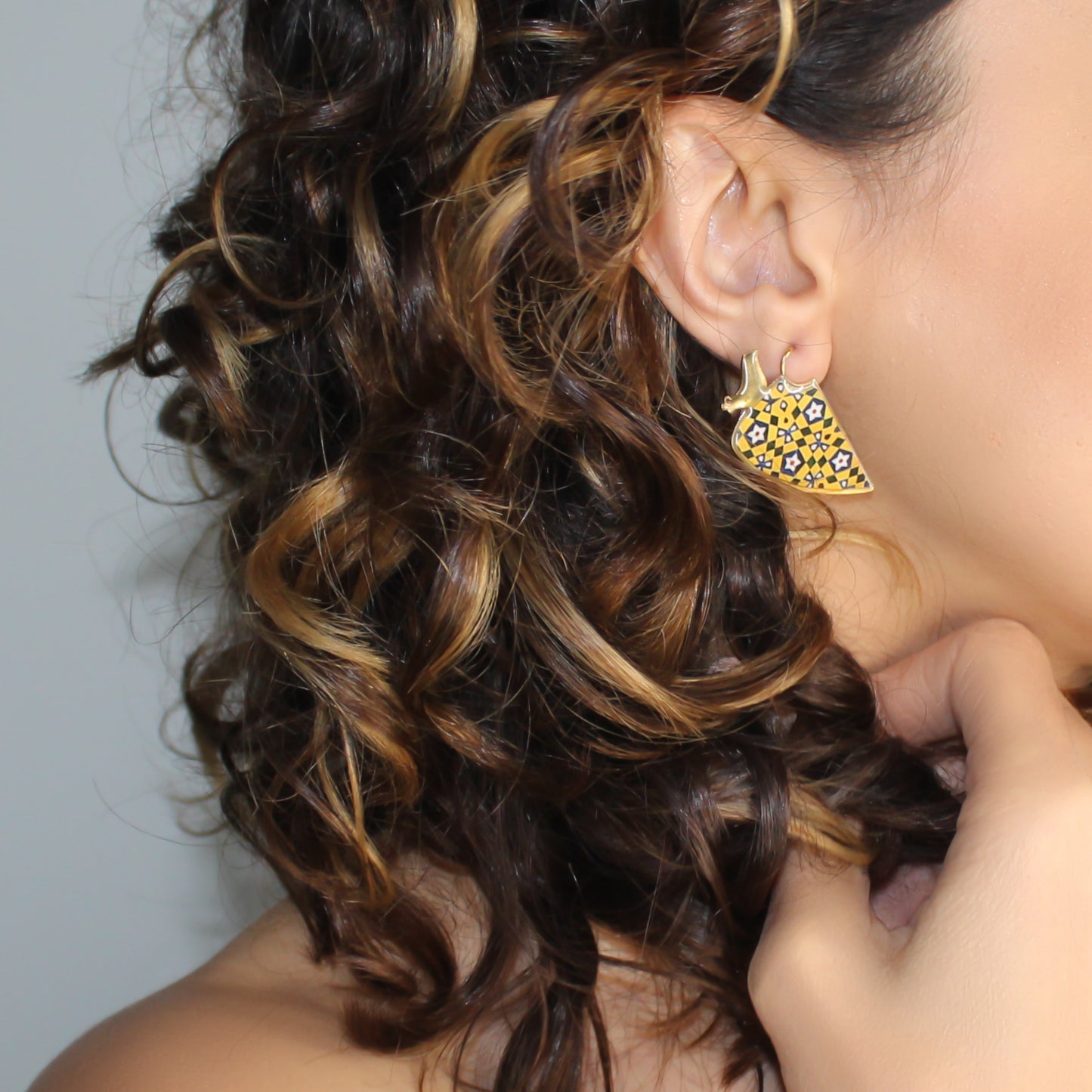 Handmade geometry brass earring, gold, black, yellow