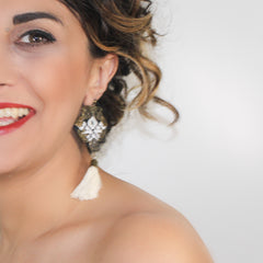 Balochi Embroidered Tassel Earrings — White & Black