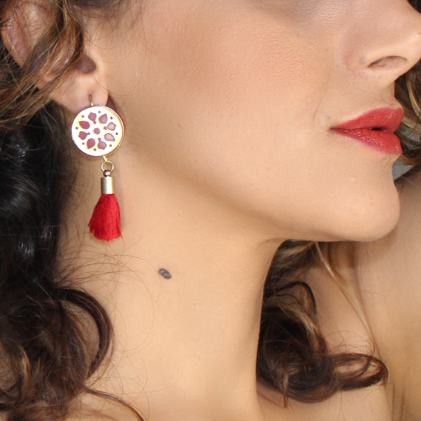 Handmade brass circle earrings, gold, red