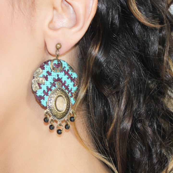 Handcrafted Balochi Embroidery Earrings — Turquoise &amp; Gold | Siran Art Group