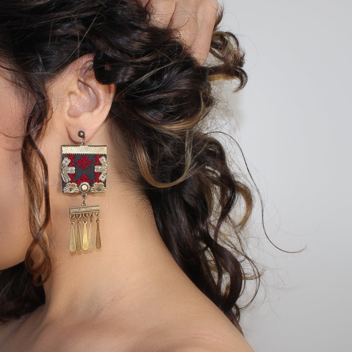 Handmade Balochi embroidered earrings, gold, red