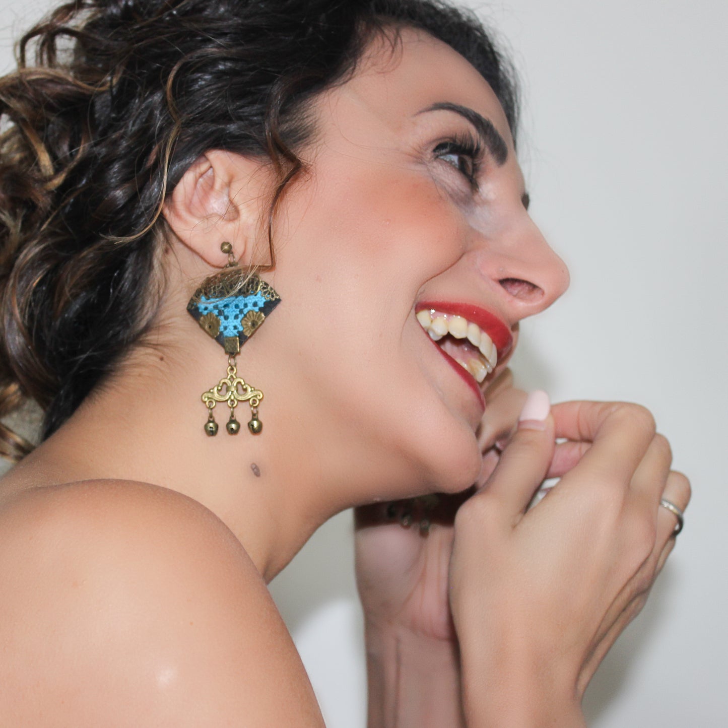 Handmade Balochi embroidered earrings, gold, blue