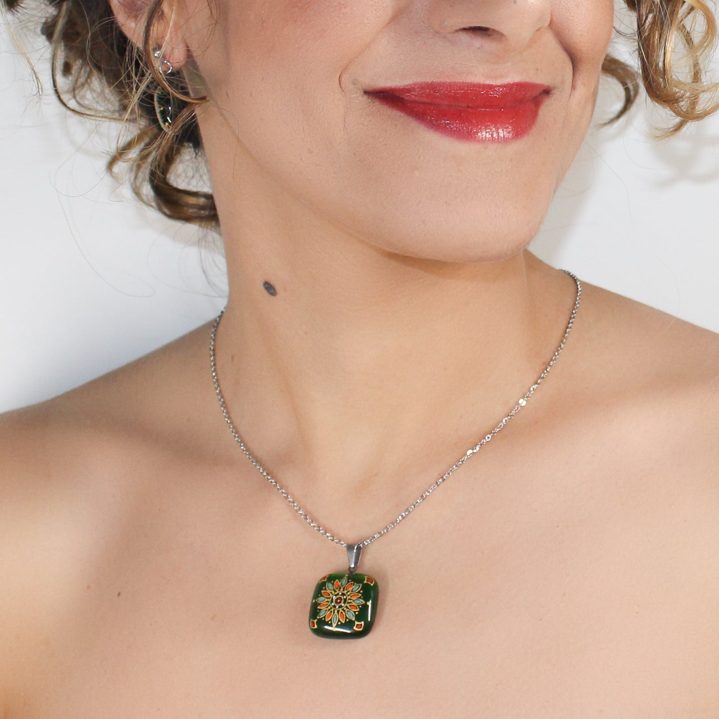 Handmade enamel necklace and earrings, green, gold
