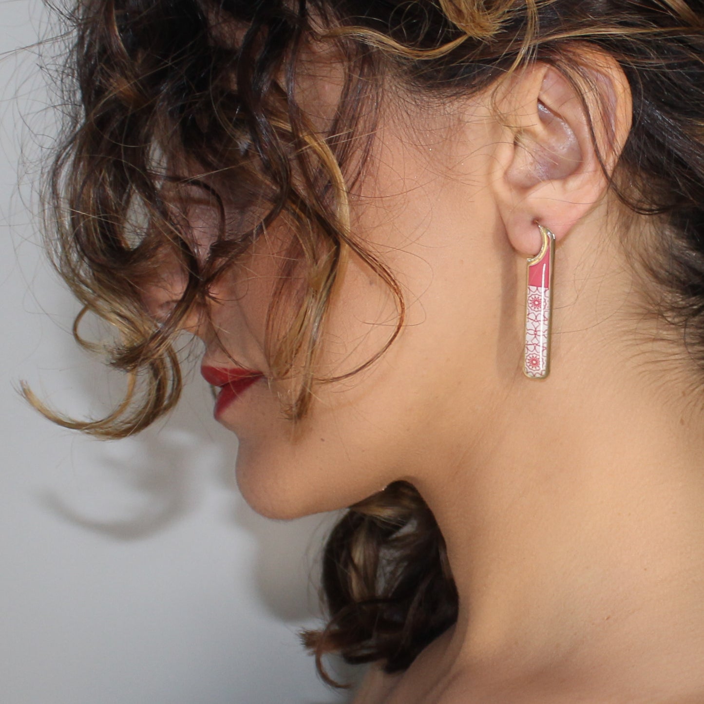 Handmade miniature brass earring, gold, red