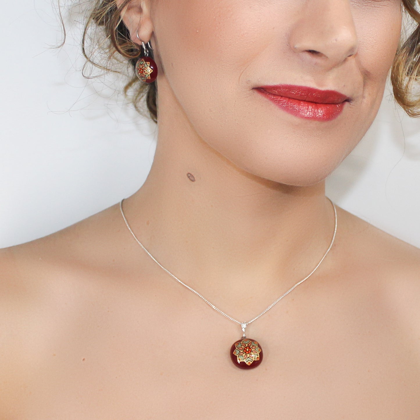 Handmade enamel necklace and earrings, red, gold