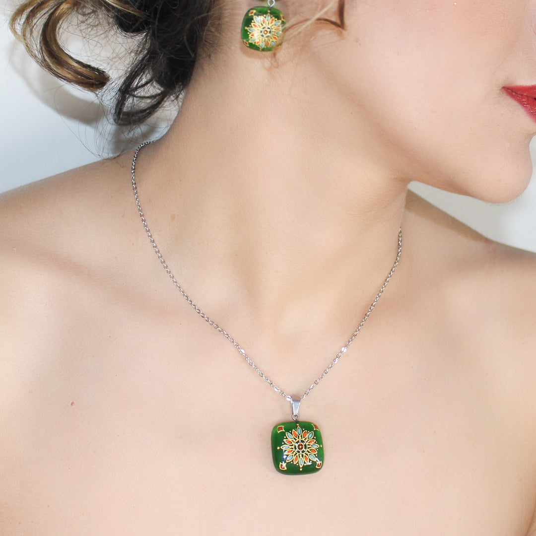 Handmade enamel necklace and earrings, green, gold