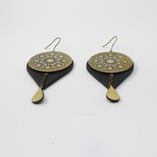 Handmade brass plate split earrings, gold, black