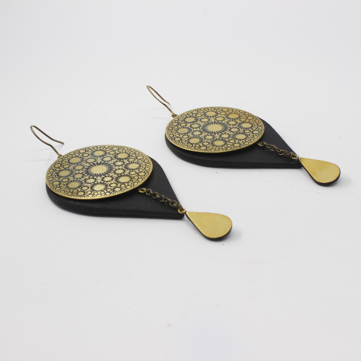 Handmade brass plate split earrings, gold, black