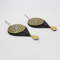 Brass Mandala Teardrop Earrings — Black & Gold