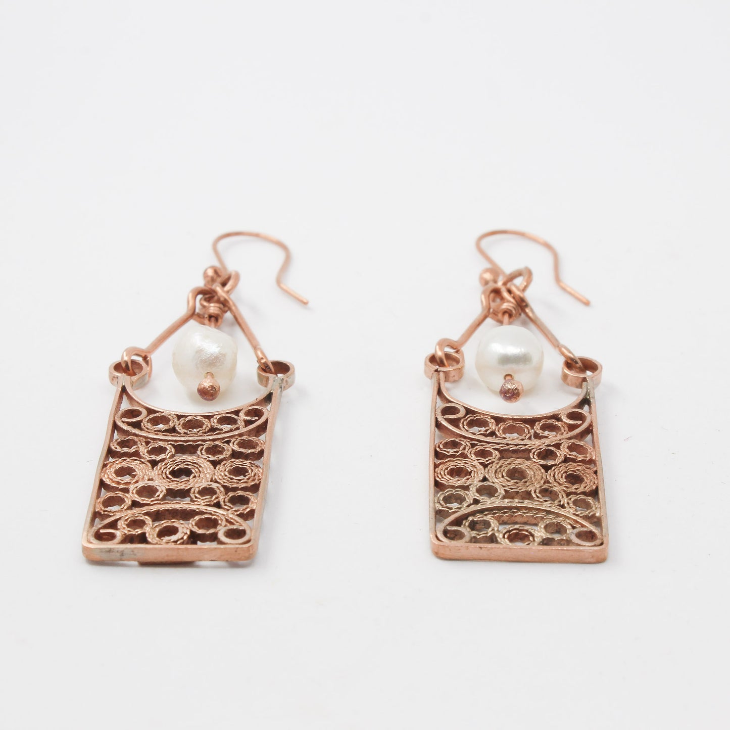 Handmade tapestry copper pearl earrings