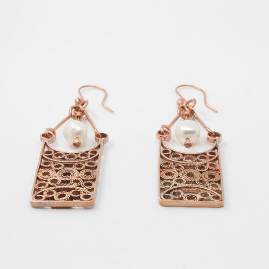Handmade tapestry copper pearl earrings