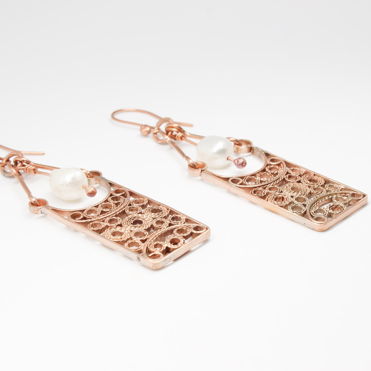 Handmade tapestry copper pearl earrings