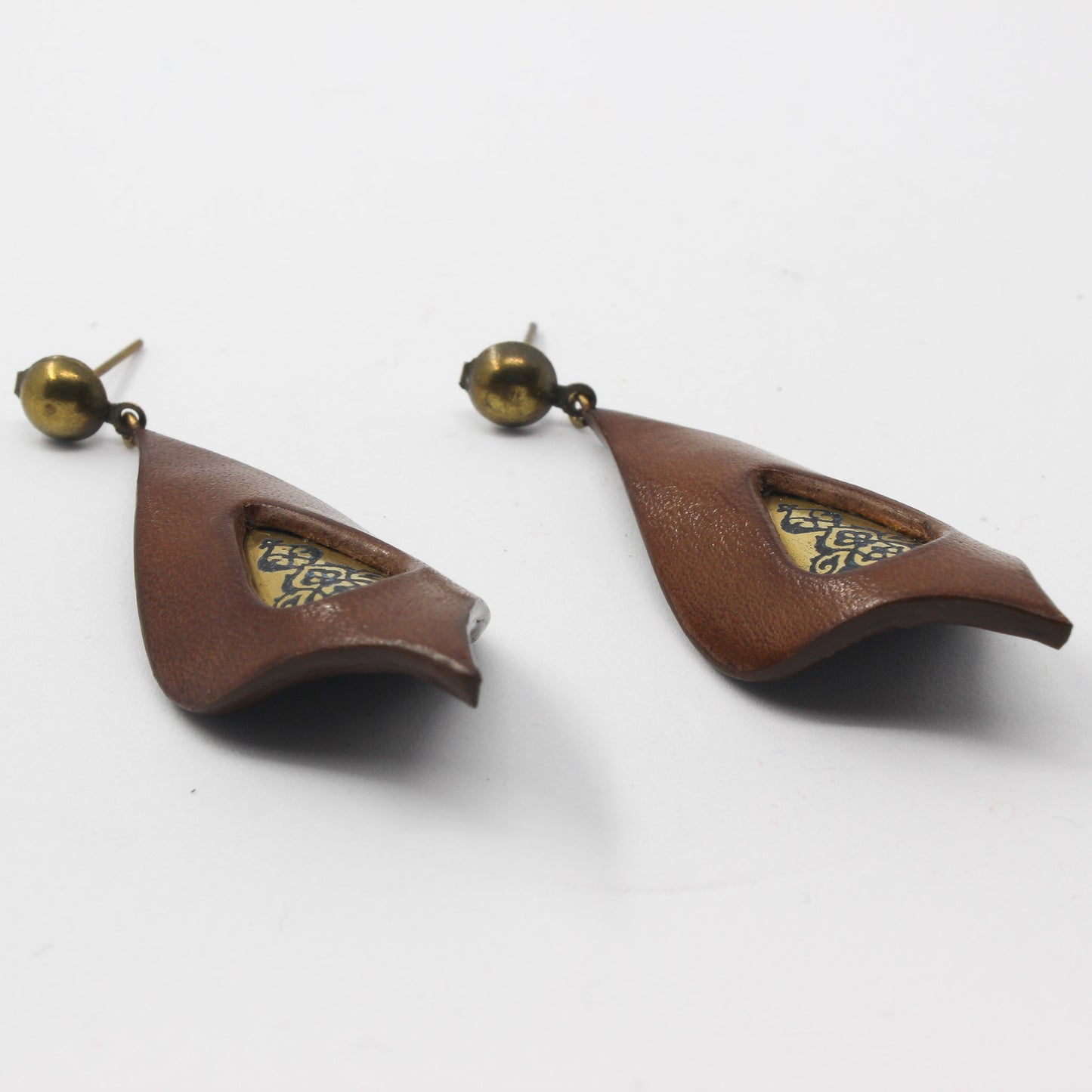 Handmade leather brass earrings, brown, gold