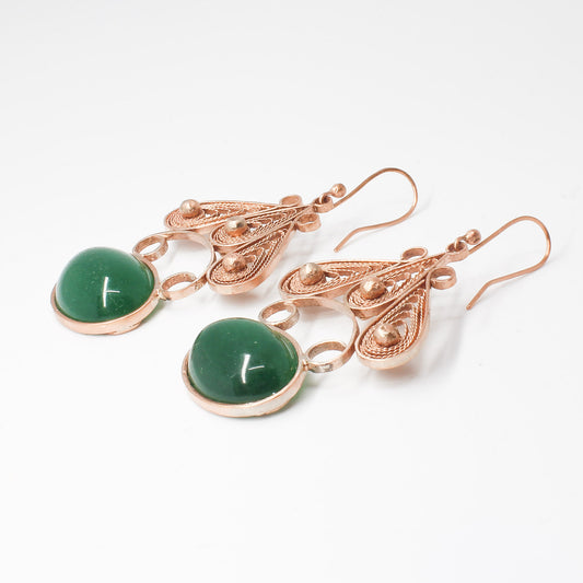 Handmade tapestry green stone copper earrings
