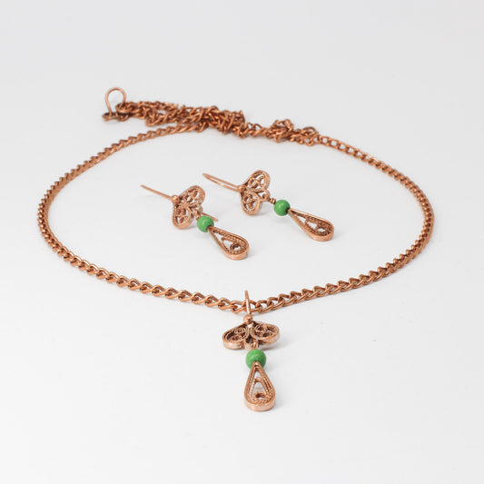 Handmade tapestry copper necklace and earrings set, green