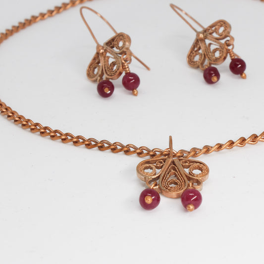 Handmade tapestry copper necklace and earrings set, burgundy