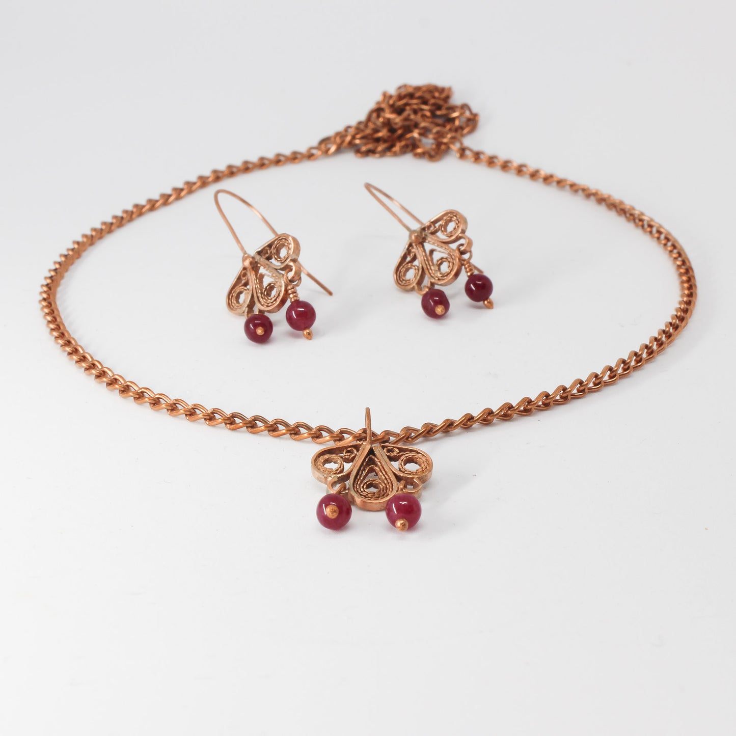 Handmade tapestry copper necklace and earrings set, burgundy