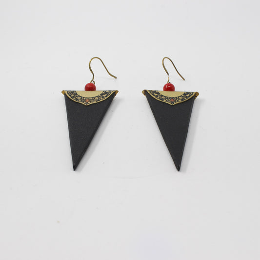 Handmade brass plate leather earrings, black, gold