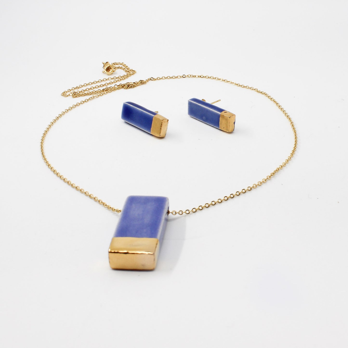 Handmade gold plated ceramic necklace, blue, gold