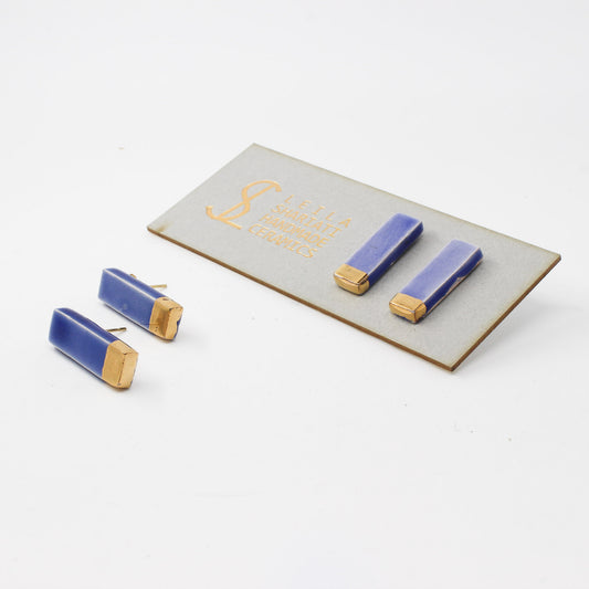 Handmade gold plated ceramic earrings, blue, gold